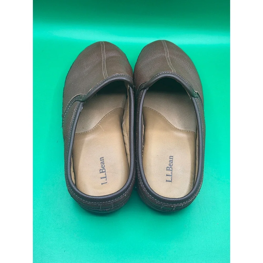LL Bean Mens Handsewn Leather Slippers Brown Scuff House Shoes 13 M 272349